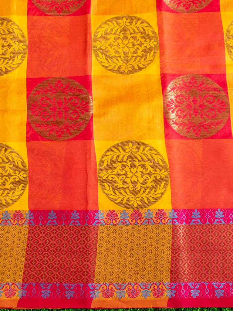 Banarasi Semi Silk Check Patterned Saree With Zari Weaving -Yellow