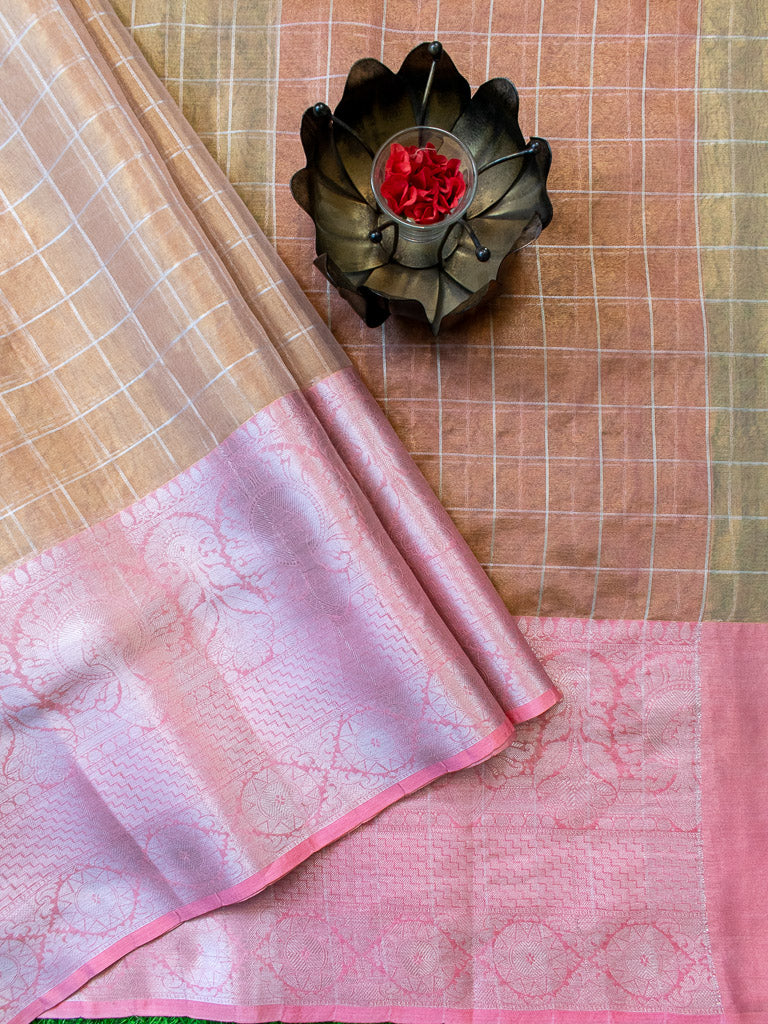 Banarasi Organza Saree With Zari Weaving & Contrast Skirt Border-Pink