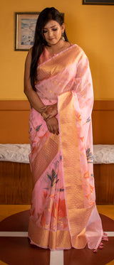Banarasi organza Saree With Zari & Resham Floral Weaving-Pink