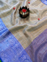 Banarasi organza Saree With Zari Weaving & Contrast Skirt Border-Royal Blue