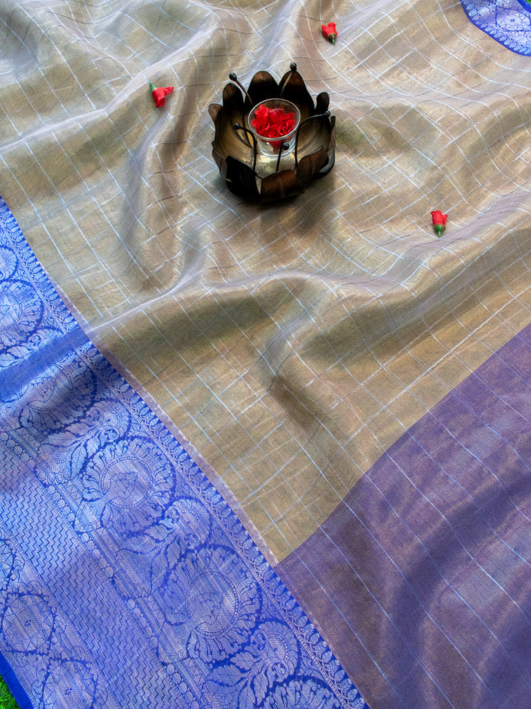 Banarasi organza Saree With Zari Weaving & Contrast Skirt Border-Royal Blue