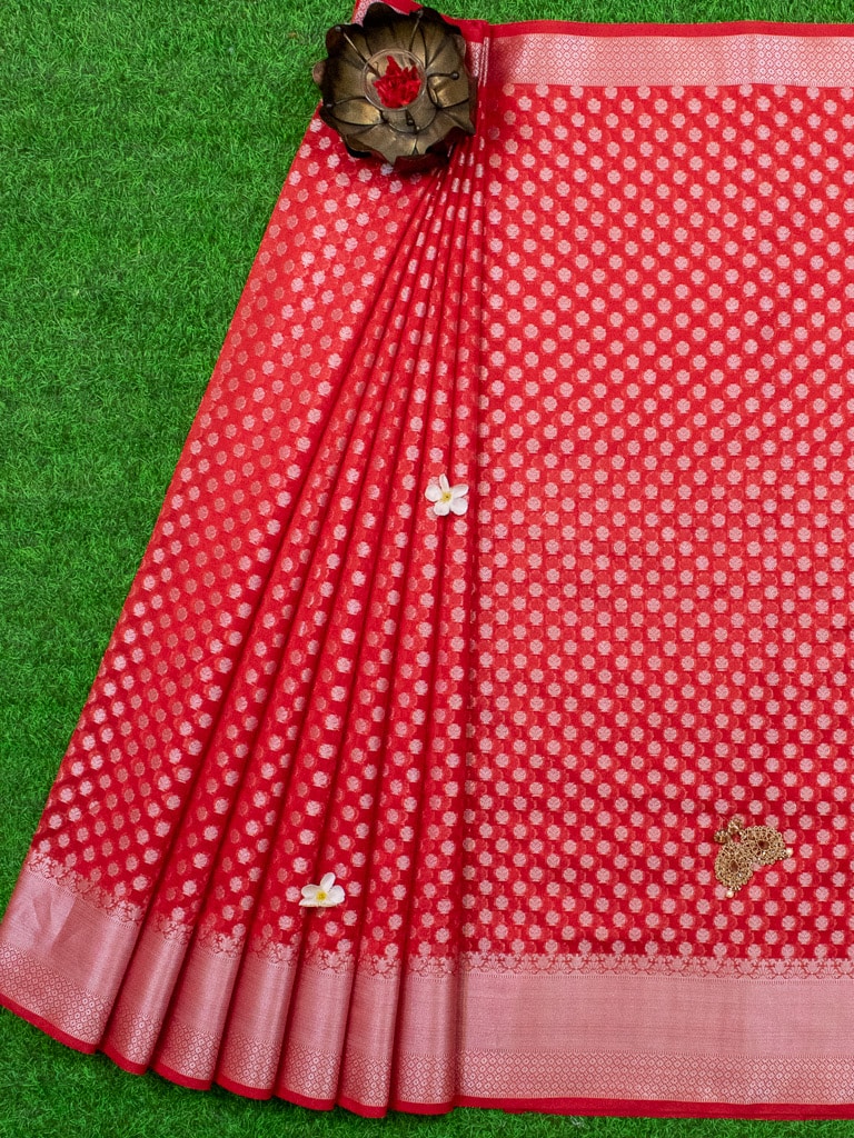 Banarasi Cotton Silk  Saree With Silver Zari Weaving- Red