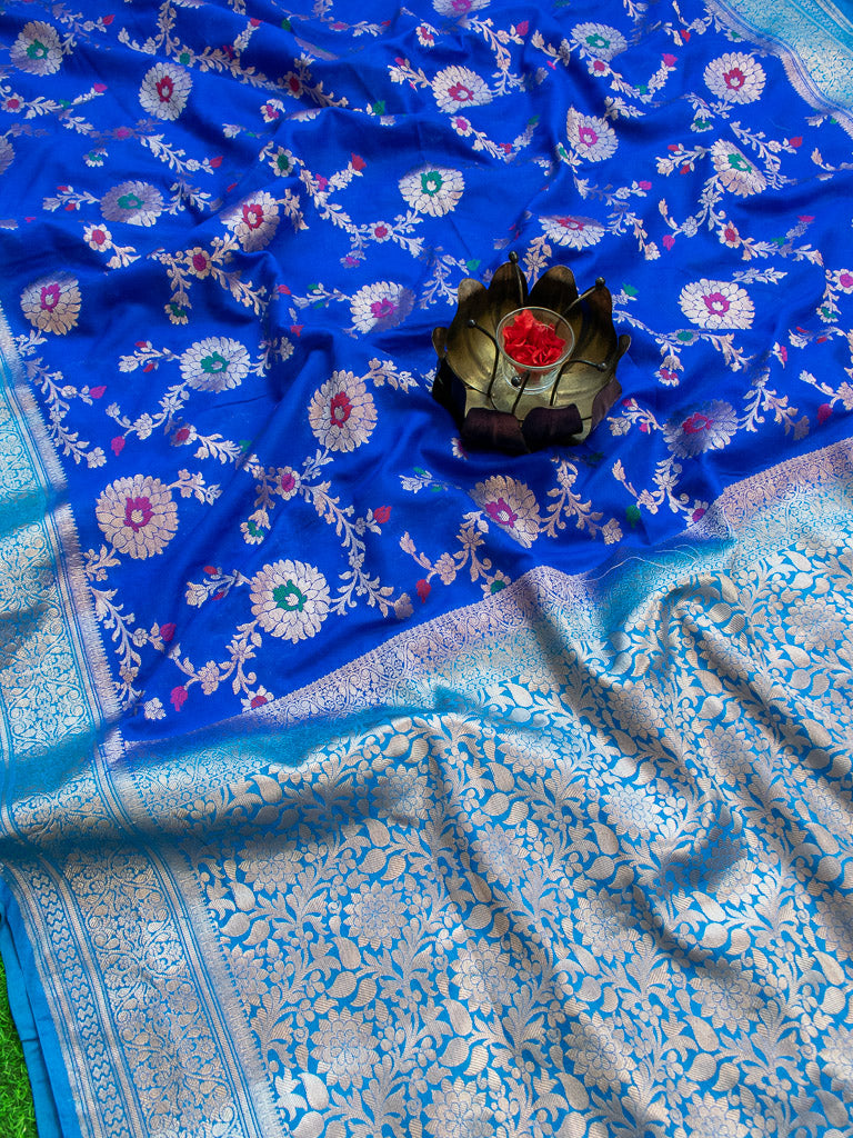 Banarasi Semi Silk Saree With Jaal Zari & Meena Weaving & Contrast Border-Blue