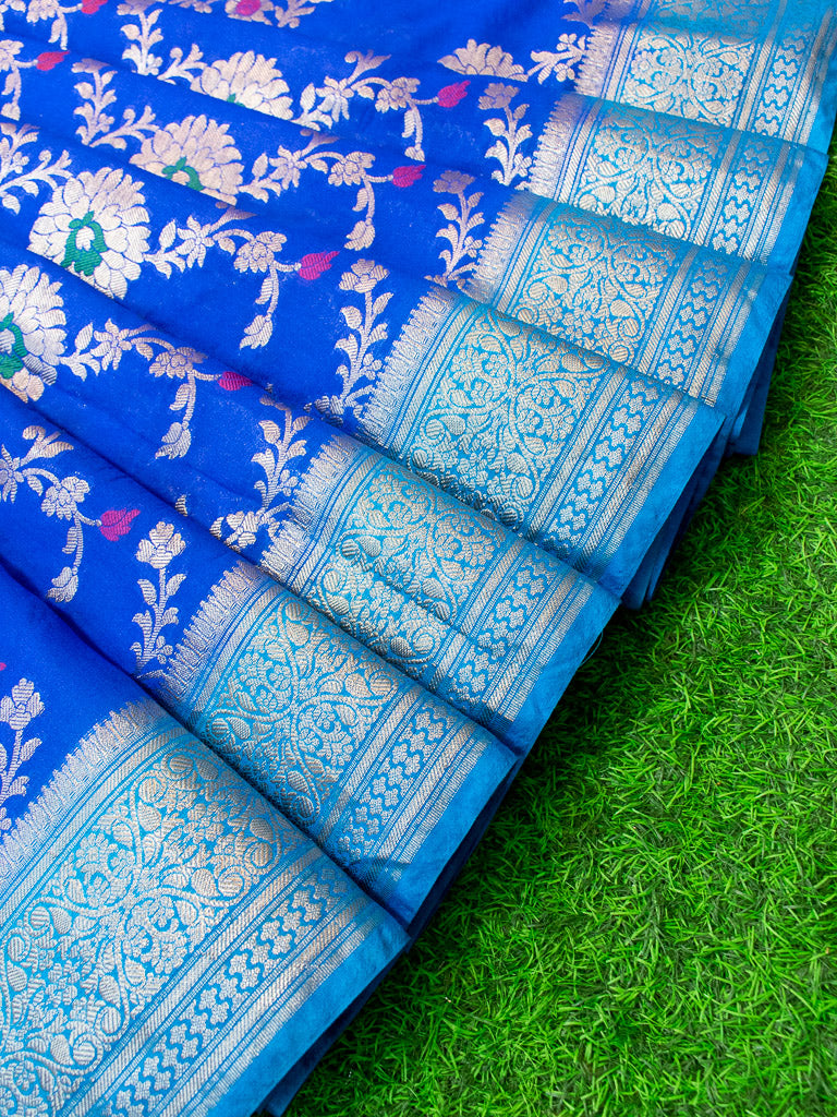 Banarasi Semi Silk Saree With Jaal Zari & Meena Weaving & Contrast Border-Blue