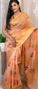 Banarasi Organza Saree With Zari & Resham Floral Weaving-Peach