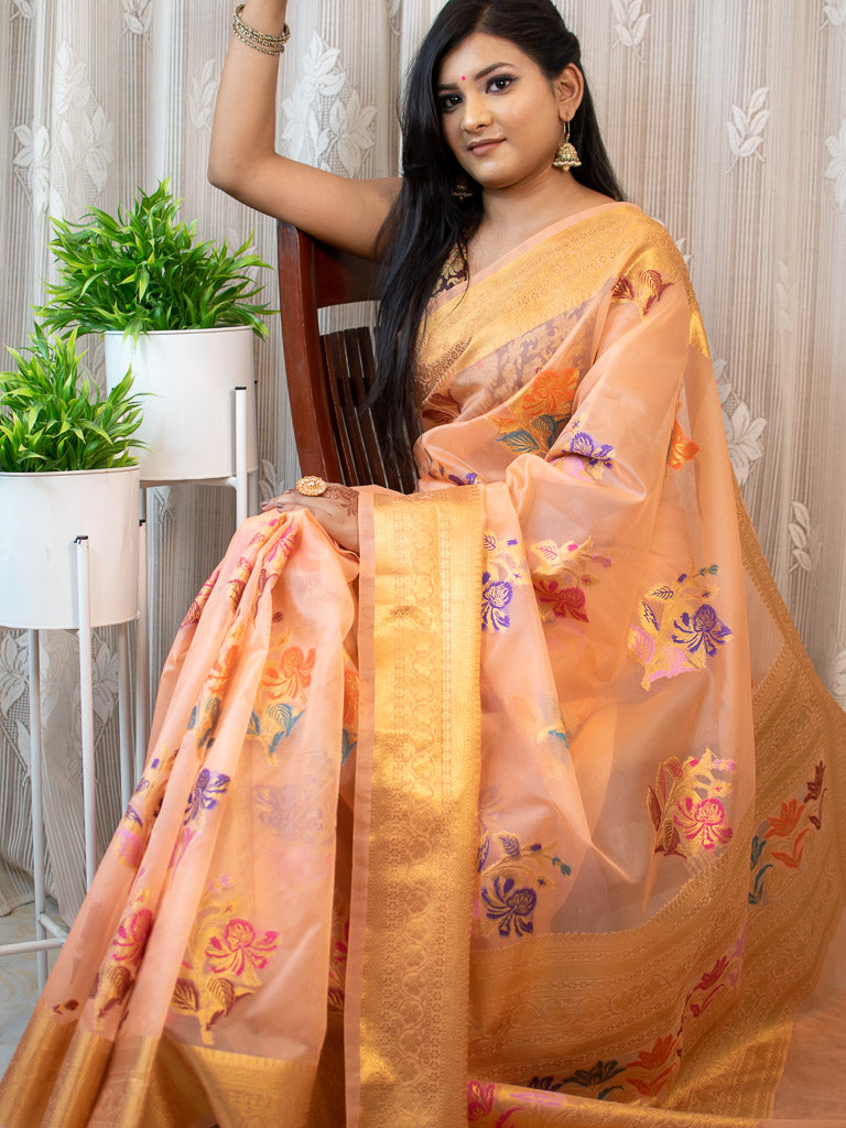 Banarasi Organza Saree With Zari & Resham Floral Weaving-Peach