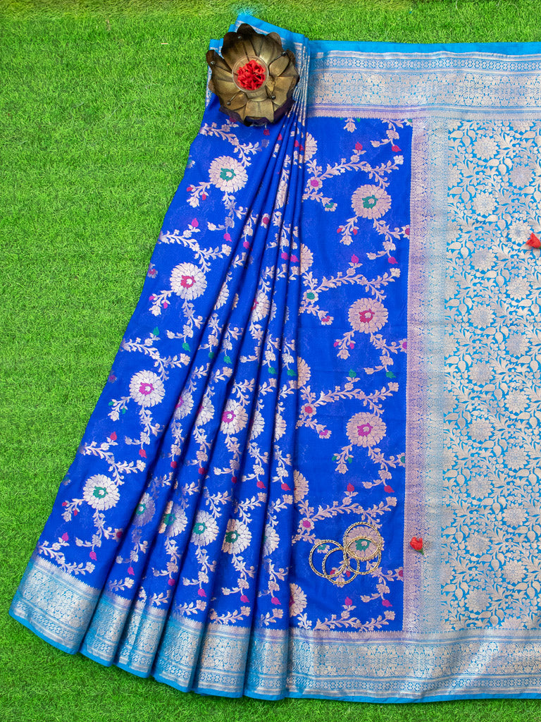 Banarasi Semi Silk Saree With Jaal Zari & Meena Weaving & Contrast Border-Blue