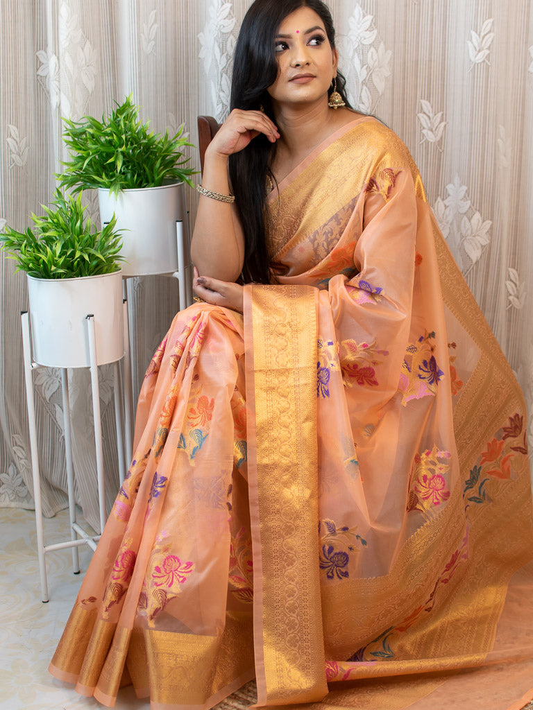 Banarasi Organza Saree With Zari & Resham Floral Weaving-Peach