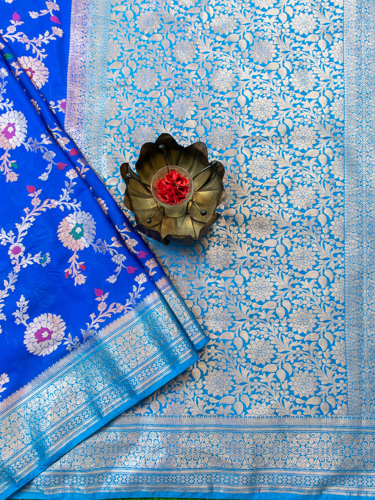 Banarasi Semi Silk Saree With Jaal Zari & Meena Weaving & Contrast Border-Blue