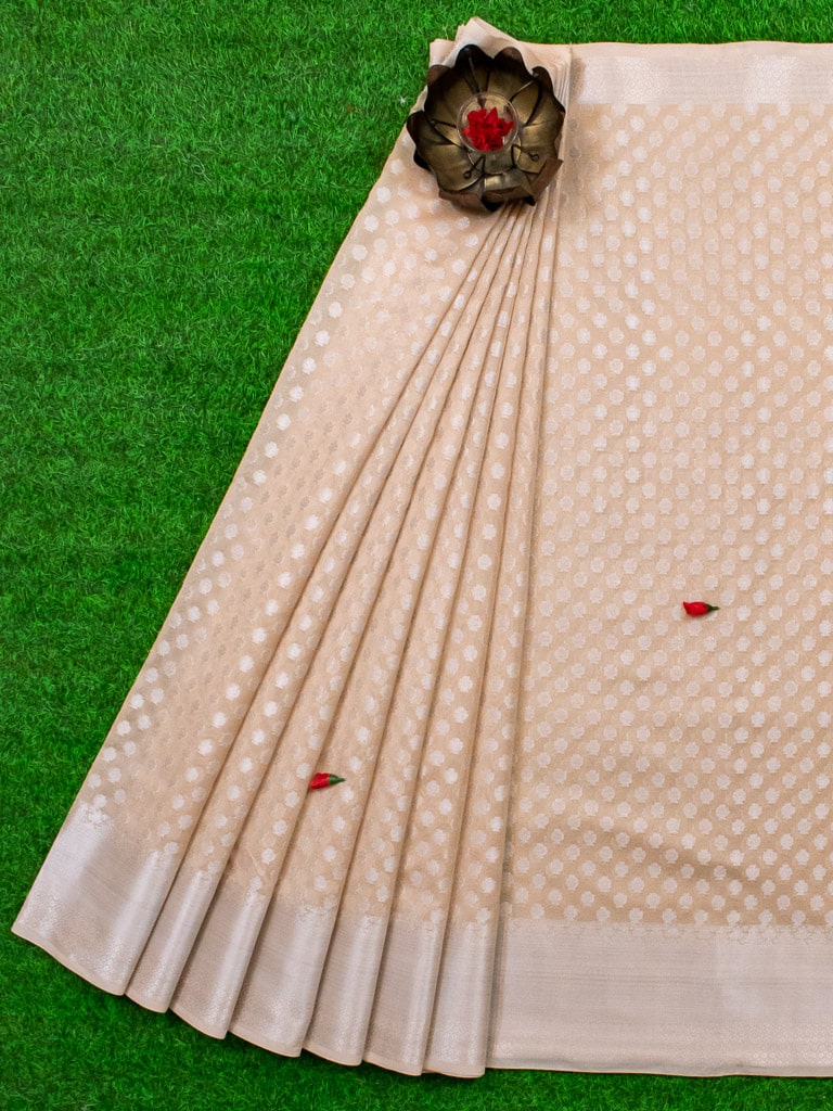 Banarasi Cotton Silk  Saree With Silver Zari Weaving- Pale White