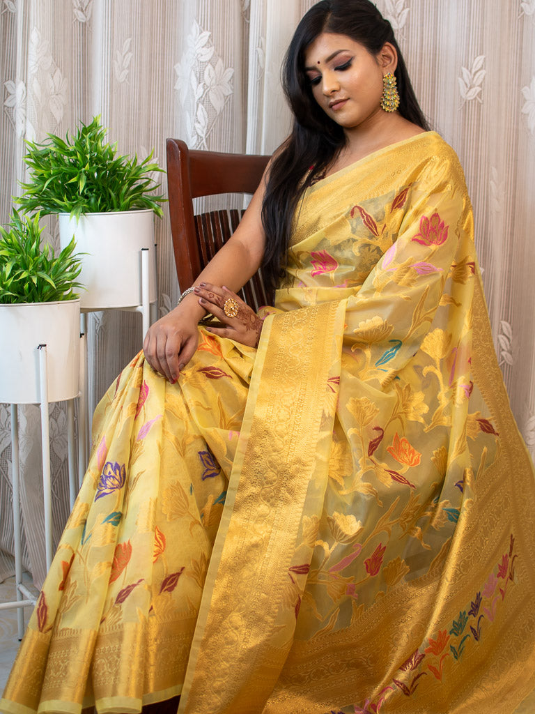 Banarasi Organza Saree With Zari & Resham Floral Weaving-Yellow