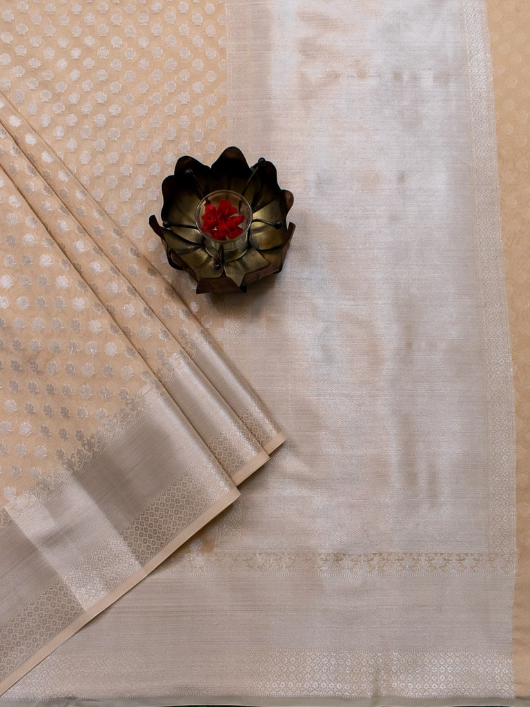 Banarasi Cotton Silk  Saree With Silver Zari Weaving- Pale White