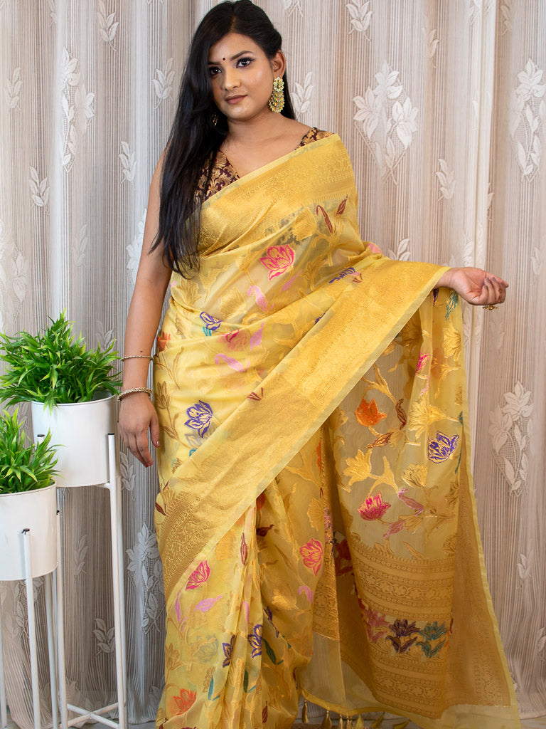 Banarasi Organza Saree With Zari & Resham Floral Weaving-Yellow