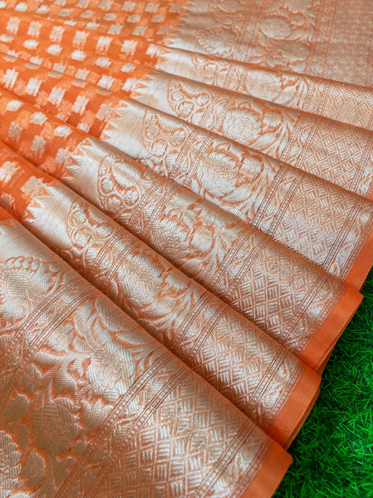Banarasi Kora Saree With Silver Zari Buti Weaving-Orange