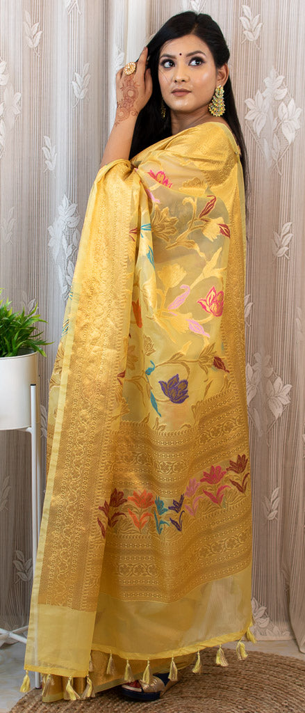 Banarasi Organza Saree With Zari & Resham Floral Weaving-Yellow