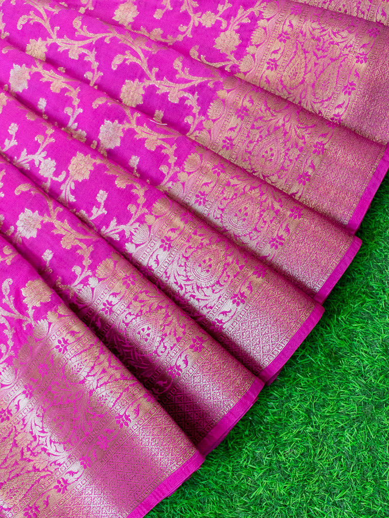 Banarasi Semi Silk Saree Antique Zari Jaal Weaving Saree-Pink