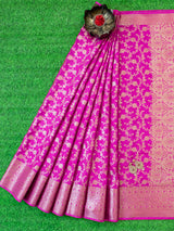Banarasi Semi Silk Saree Antique Zari Jaal Weaving Saree-Pink