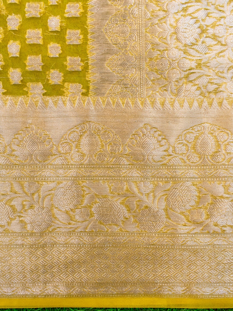 Banarasi Kora Saree With Silver Zari Buti Weaving-Yellow