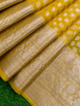 Banarasi Kora Saree With Silver Zari Buti Weaving-Yellow