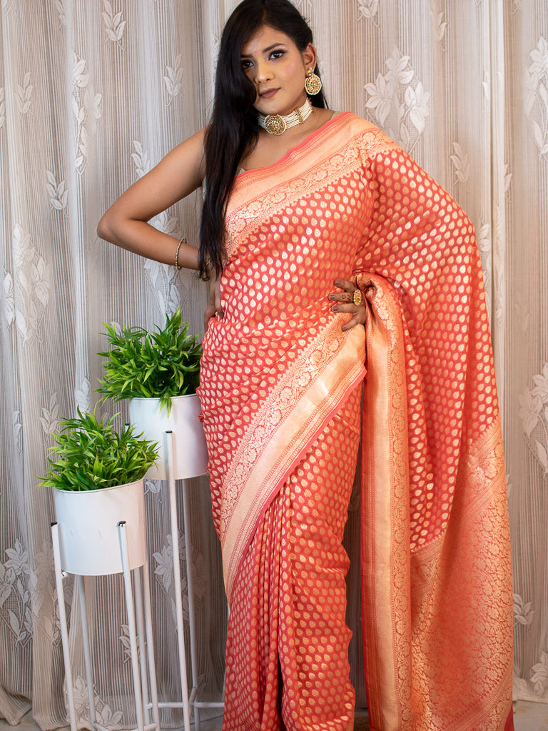 Banarasi Pure Khaddi Georgette Saree With Zari Buti Weaving-Peach