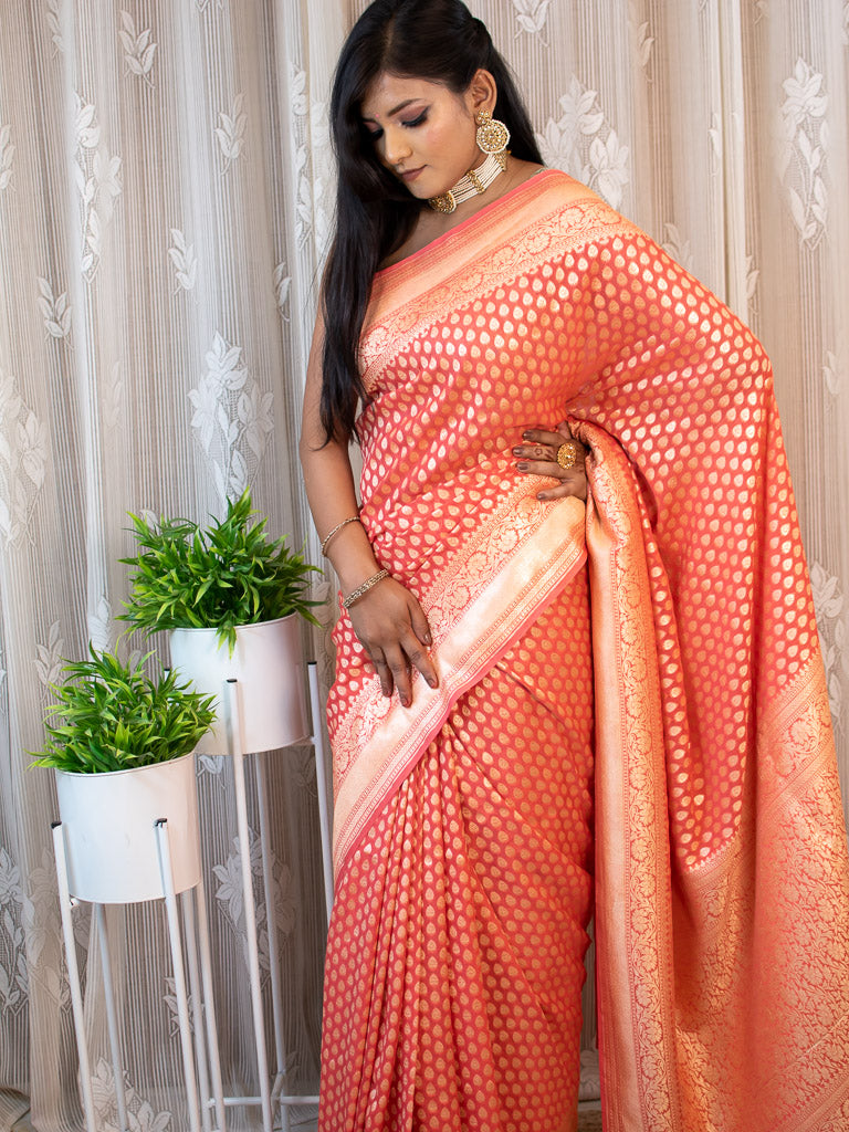 Banarasi Pure Khaddi Georgette Saree With Zari Buti Weaving-Peach