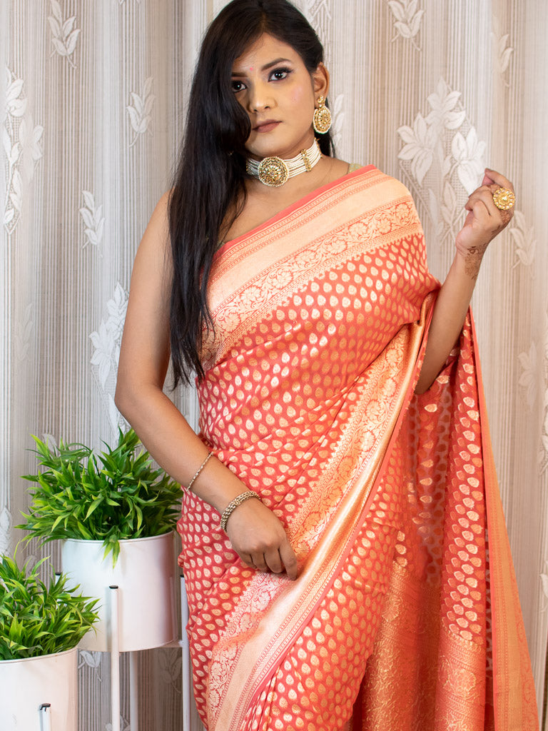 Banarasi Pure Khaddi Georgette Saree With Zari Buti Weaving-Peach