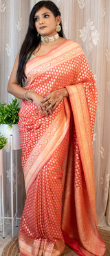 Banarasi Pure Khaddi Georgette Saree With Zari Buti Weaving-Peach