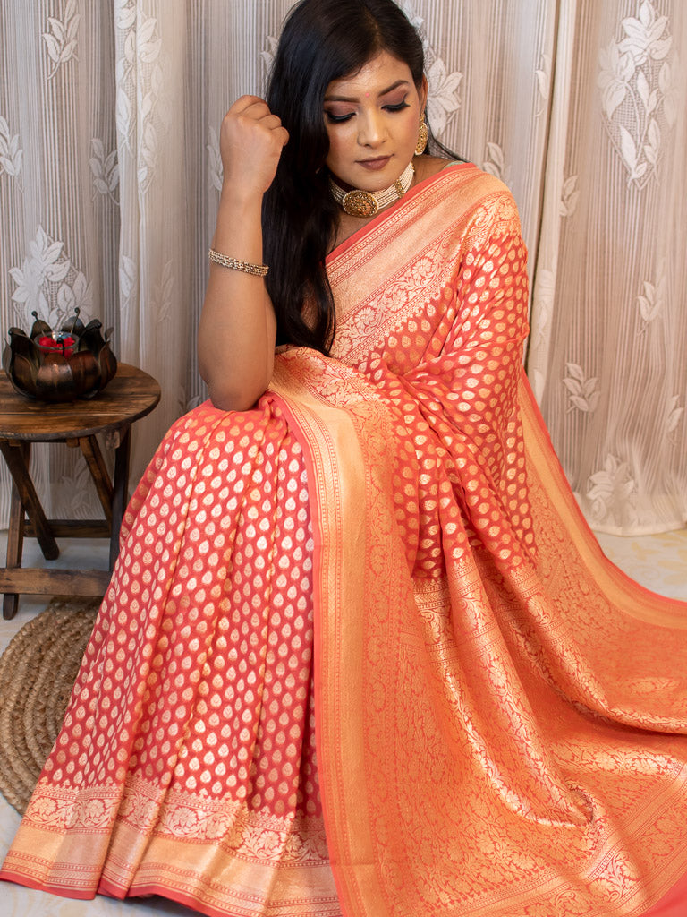 Banarasi Pure Khaddi Georgette Saree With Zari Buti Weaving-Peach