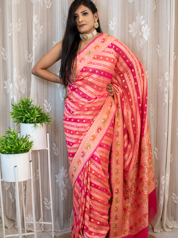 Banarasi Pure Khaddi Georgette Saree With Aada Zari Weaving & Handpainted Border-Deep Pink