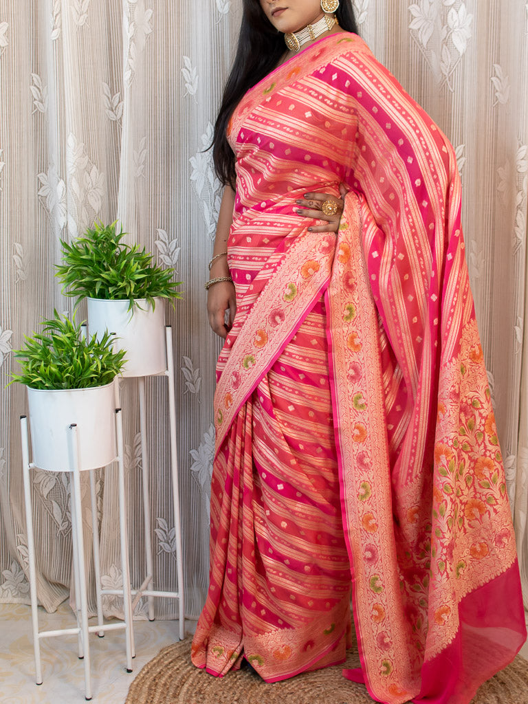 Banarasi Pure Khaddi Georgette Saree With Aada Zari Weaving & Handpainted Border-Deep Pink