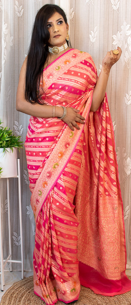 Banarasi Pure Khaddi Georgette Saree With Aada Zari Weaving & Handpainted Border-Deep Pink