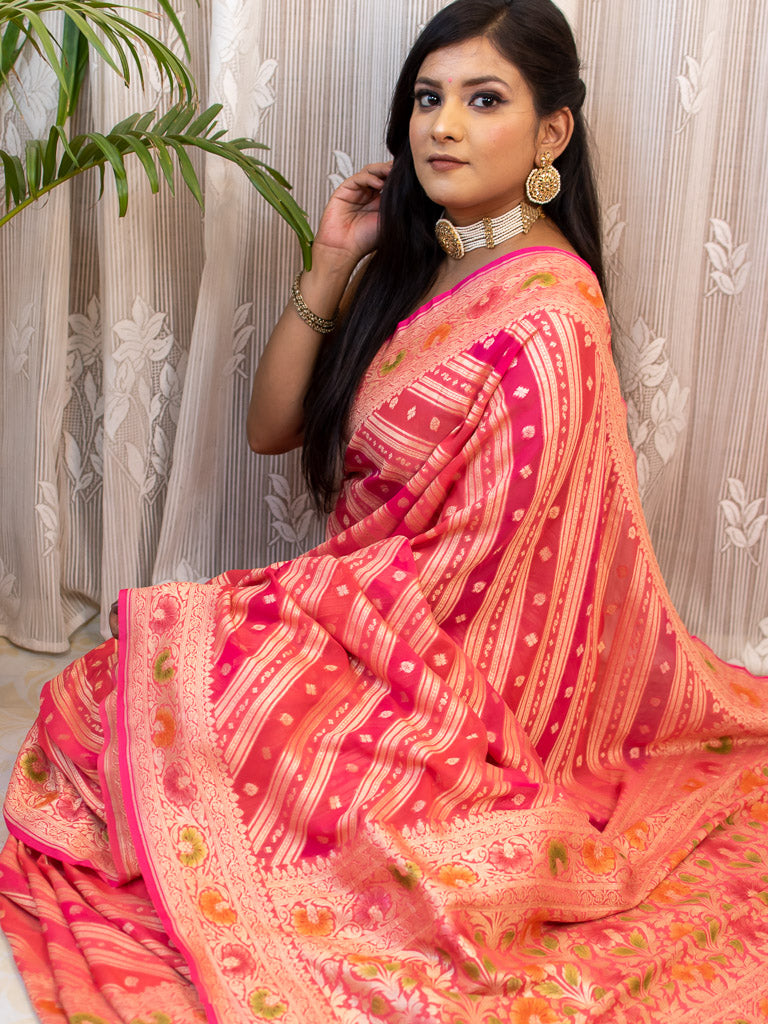 Banarasi Pure Khaddi Georgette Saree With Aada Zari Weaving & Handpainted Border-Deep Pink