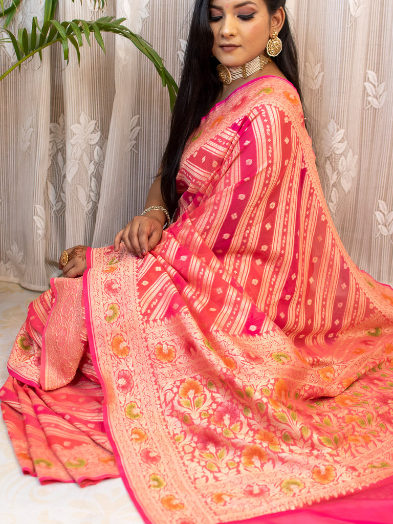 Banarasi Pure Khaddi Georgette Saree With Aada Zari Weaving & Handpainted Border-Deep Pink