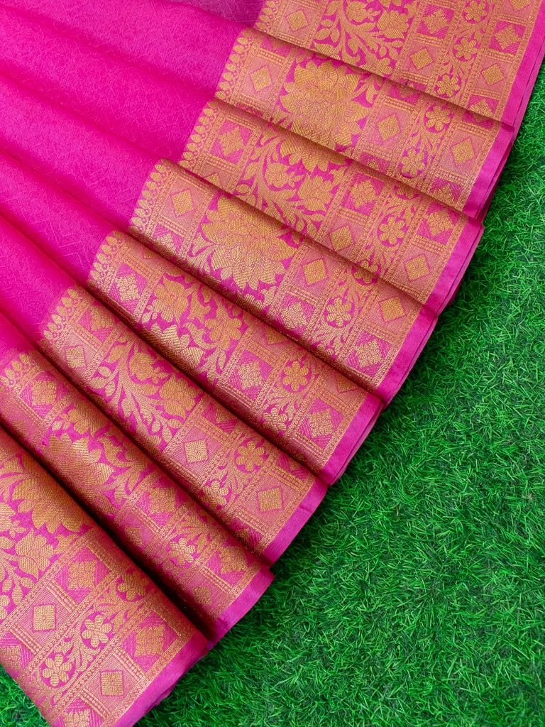 Banarasi Semi Chiffon Plain Saree Antique Zari Buti Weaving Border-Pink