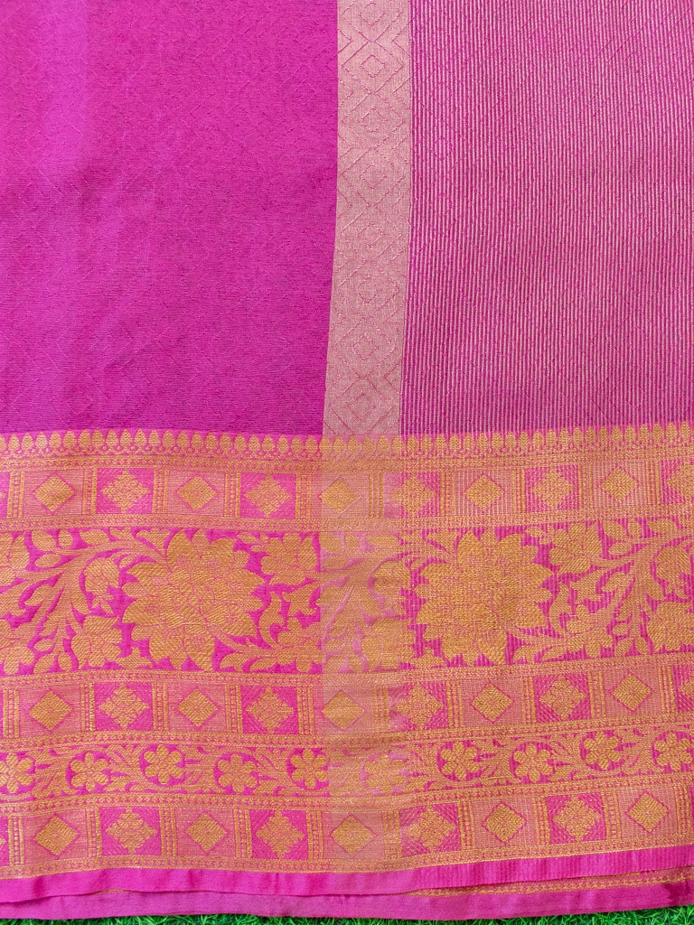 Banarasi Semi Chiffon Plain Saree Antique Zari Buti Weaving Border-Pink