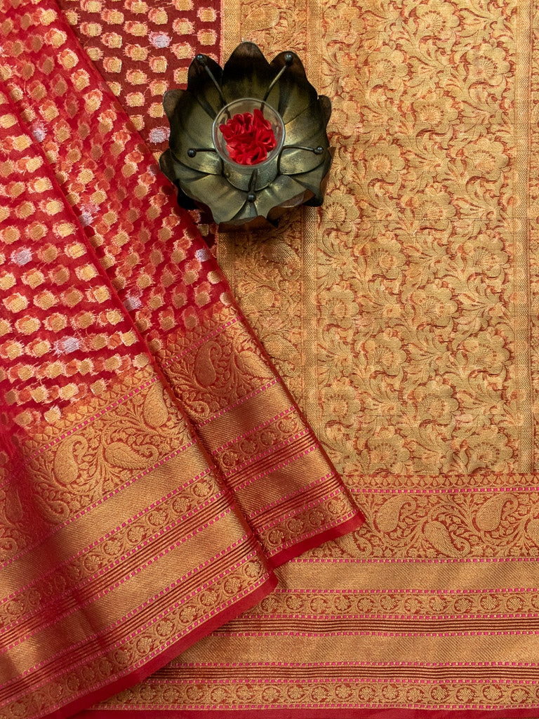 Banarasi Kora Saree With Silver Zari Buti Weaving-Red