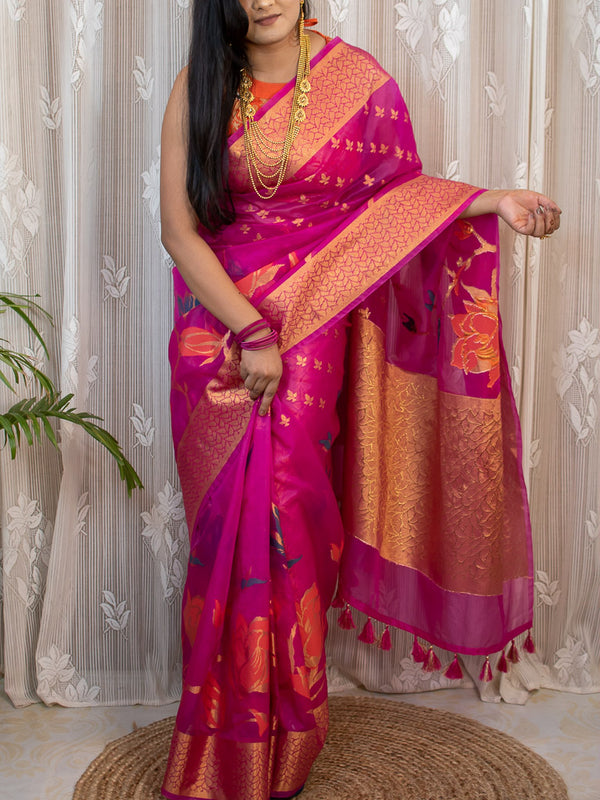 Banarasi organza Saree With Zari & Resham Floral Weaving-Deep Pink