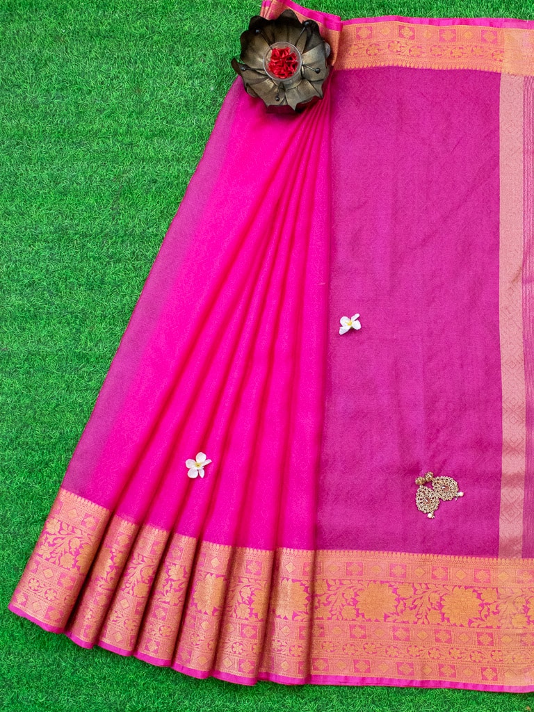 Banarasi Semi Chiffon Plain Saree Antique Zari Buti Weaving Border-Pink