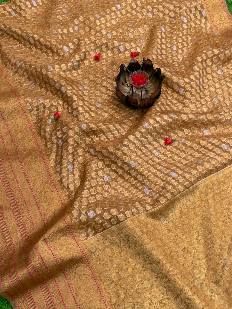 Banarasi Kora Saree With Silver Zari Buti Weaving-Dull Gold