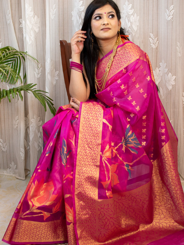 Banarasi organza Saree With Zari & Resham Floral Weaving-Deep Pink