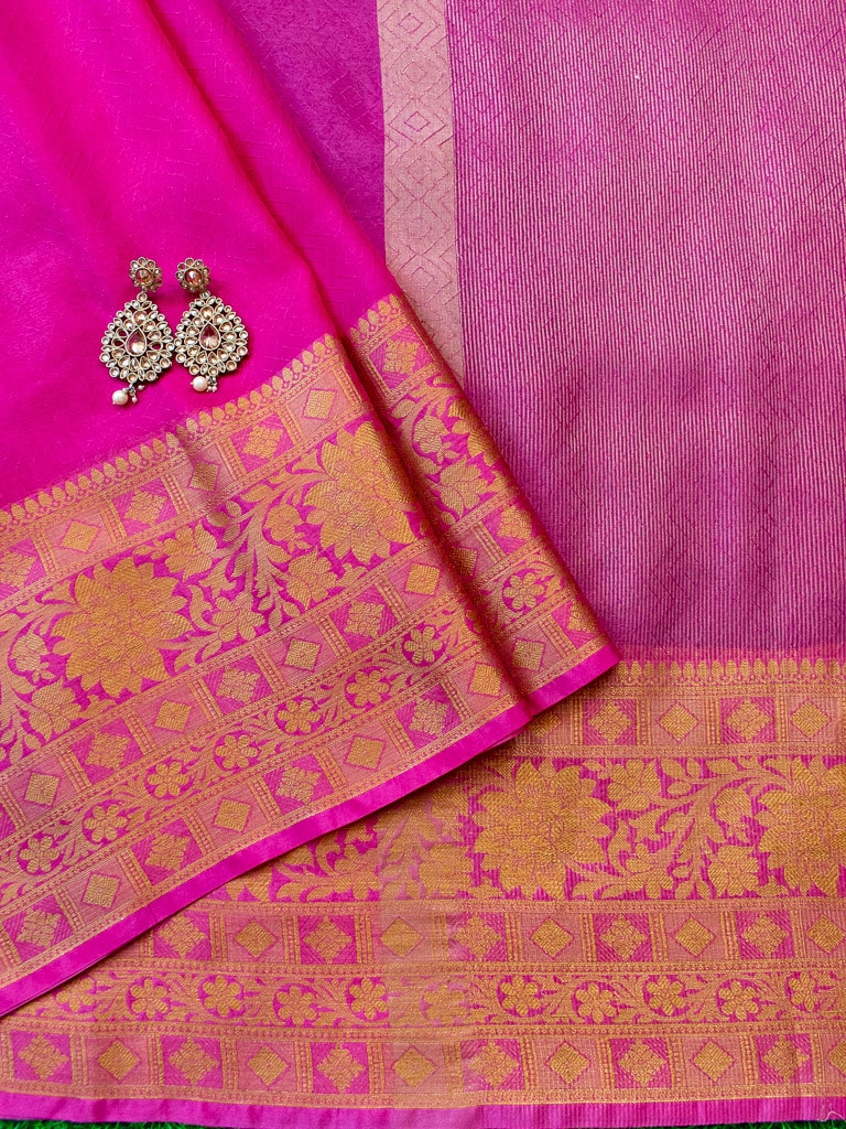 Banarasi Semi Chiffon Plain Saree Antique Zari Buti Weaving Border-Pink