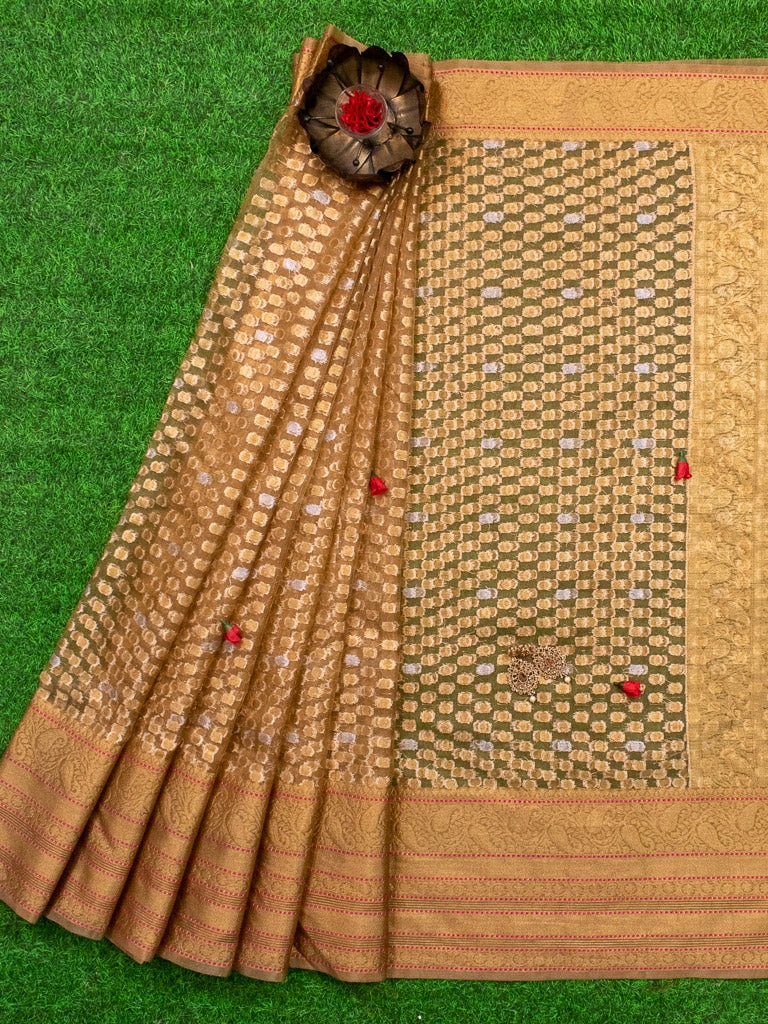 Banarasi Kora Saree With Silver Zari Buti Weaving-Dull Gold