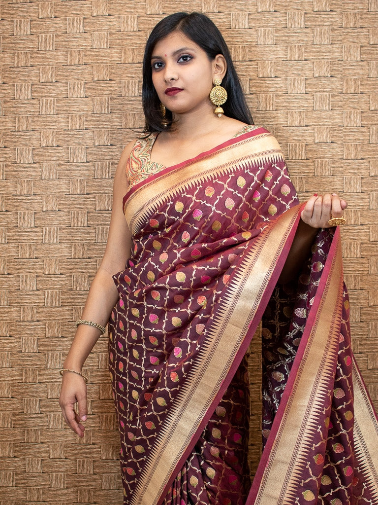 Banarasi Handloom Art Katan Silk Saree With Meena Jaal Weaving-Brown