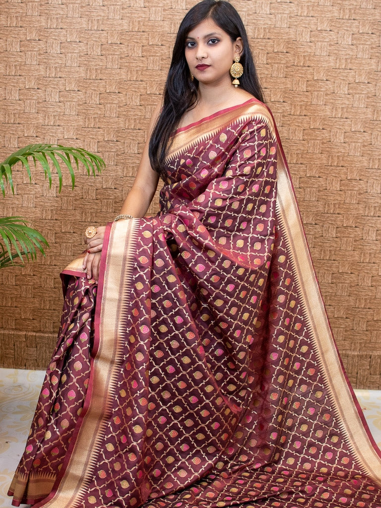 Banarasi Handloom Art Katan Silk Saree With Meena Jaal Weaving-Brown