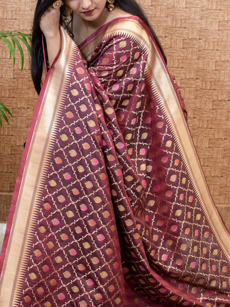 Banarasi Handloom Art Katan Silk Saree With Meena Jaal Weaving-Brown