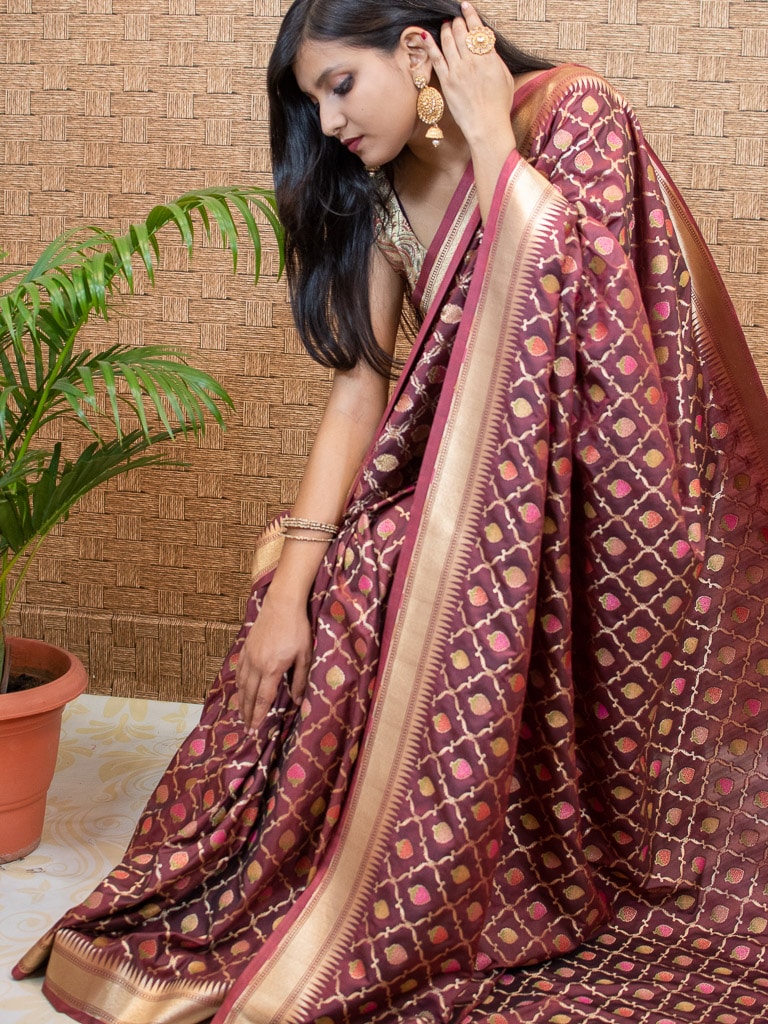 Banarasi Handloom Art Katan Silk Saree With Meena Jaal Weaving-Brown