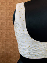 Banarasi Soft Silk Stitched Sleeveless Blouse-White