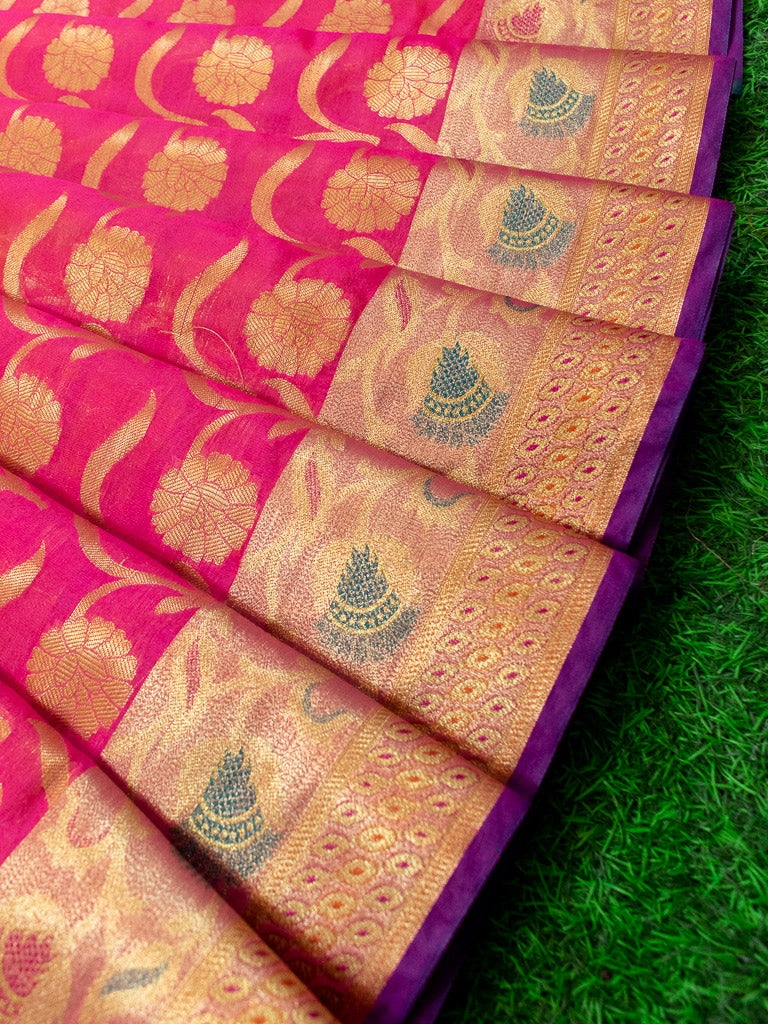 Banarasi Semi Silk Saree With Contrast Zari Jaal & Floral Weaving Border-Pink