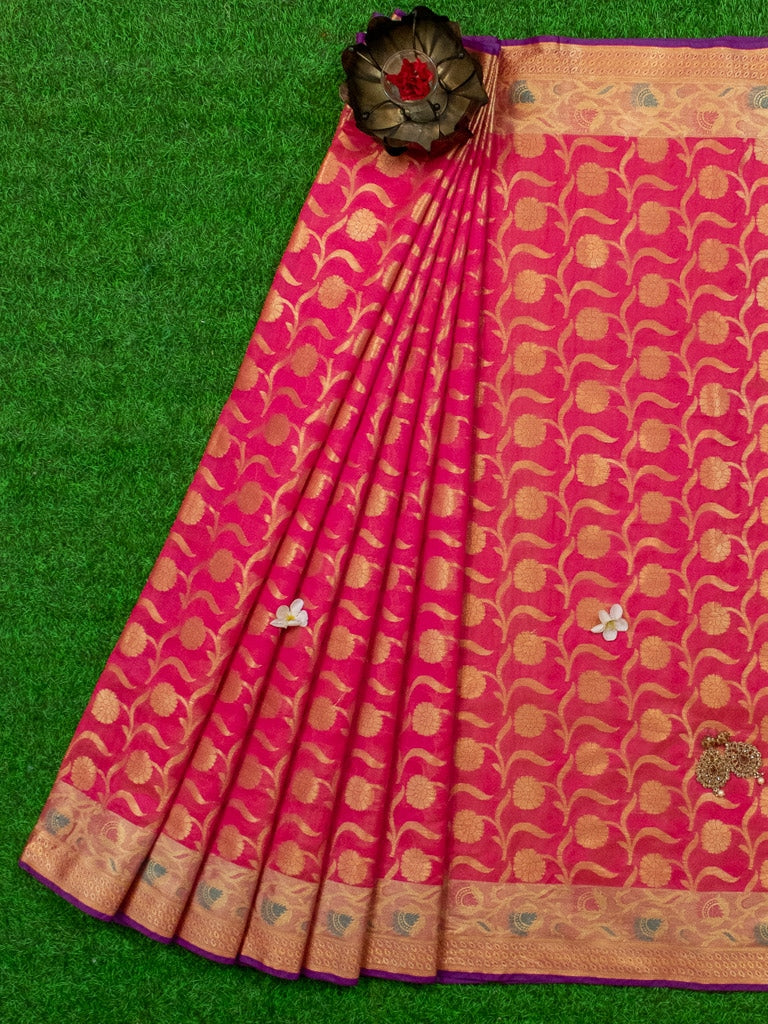 Banarasi Semi Silk Saree With Contrast Zari Jaal & Floral Weaving Border-Pink