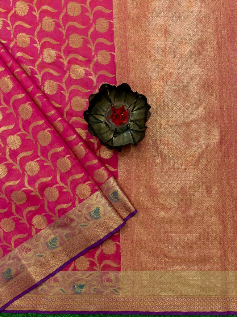Banarasi Semi Silk Saree With Contrast Zari Jaal & Floral Weaving Border-Pink